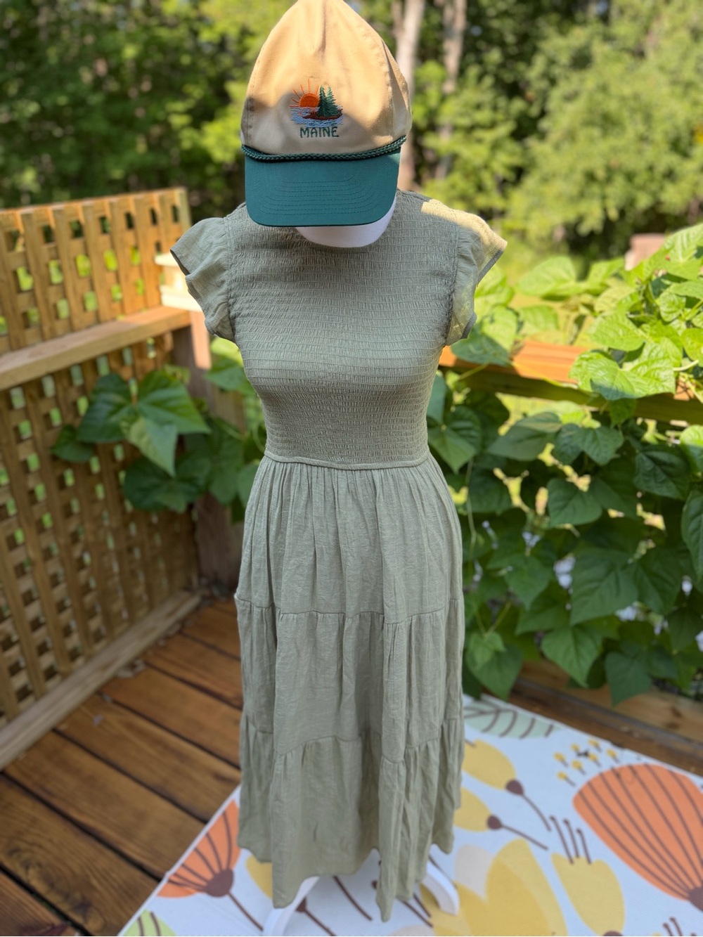 Mine Sage Green Smocked Tiered Maxi Dress S *HAT NOT INCLUDED*